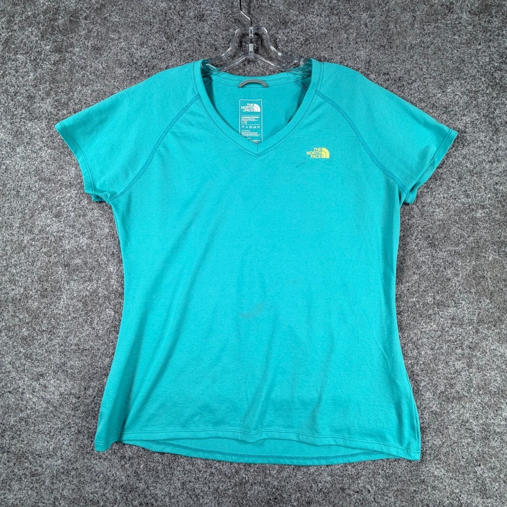 The North Face Reaxion Amp V-Neck T-Shirt Womens L Teal Blue Everyday Comfort - Picture 1 of 16